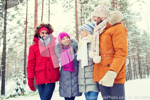 Image of group of smiling men and women in winter forest