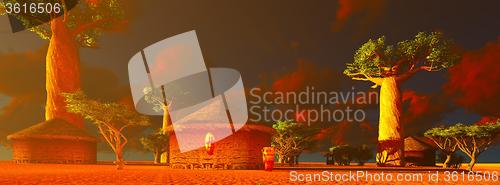 Image of African village with traditional huts 