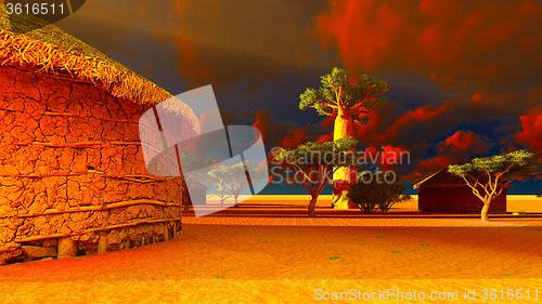 Image of African village with traditional huts 