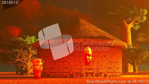 Image of African village with traditional huts 