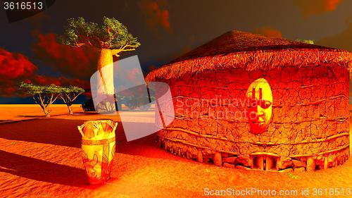 Image of African village with traditional huts 