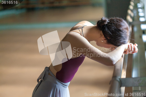 Image of classic ballet dancer at barre on rehearsal room background