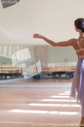 Image of classic ballet dancer posing at barre on rehearsal room background