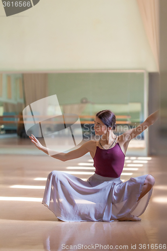 Image of classic ballet dancer posing at barre on rehearsal room background