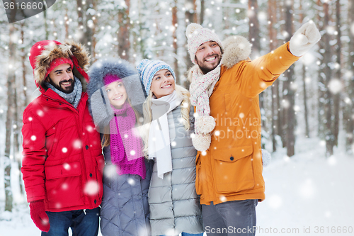 Image of group of smiling men and women in winter forest
