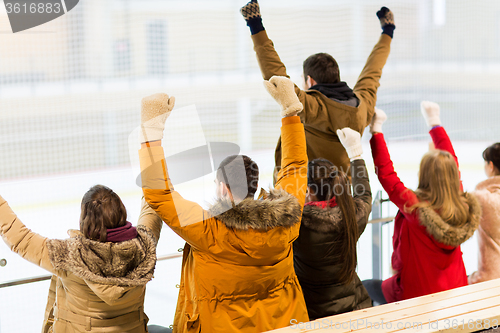 Image of happy friends supporting team on ice rink arena