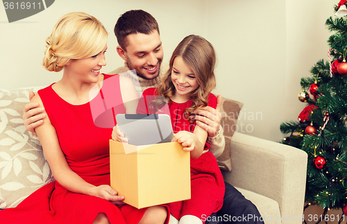 Image of smiling family with tablet pc