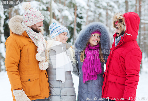 Image of group of smiling men and women in winter forest