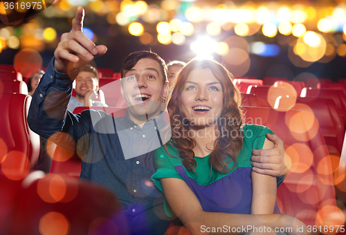 Image of happy friends watching movie in theater