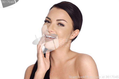 Image of Happy Smiling Brunette Girl Posing on White