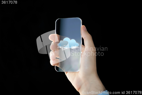 Image of close up of male hand with transparent smartphone