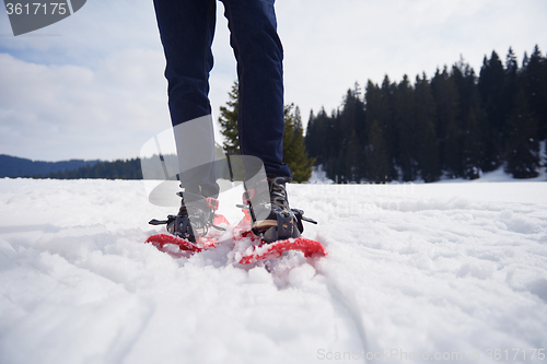 Image of couple having fun and walking in snow shoes