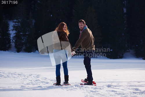 Image of couple having fun and walking in snow shoes