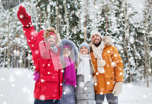 Image of group of smiling men and women in winter forest