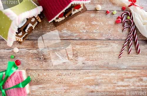 Image of closeup of beautiful gingerbread houses at home