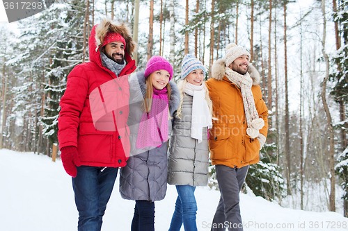 Image of group of smiling men and women in winter forest