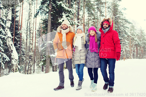 Image of group of smiling men and women in winter forest