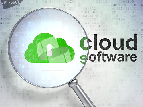 Image of Cloud technology concept: Cloud With Keyhole and Cloud Software with optical glass