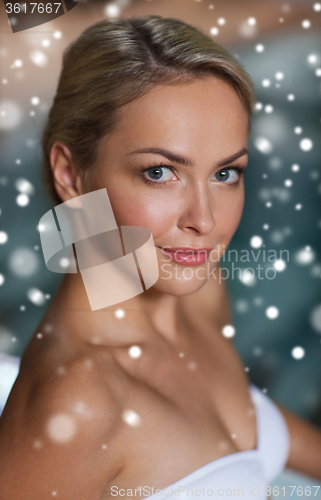 Image of close up of woman in swimsuit at swimming pool