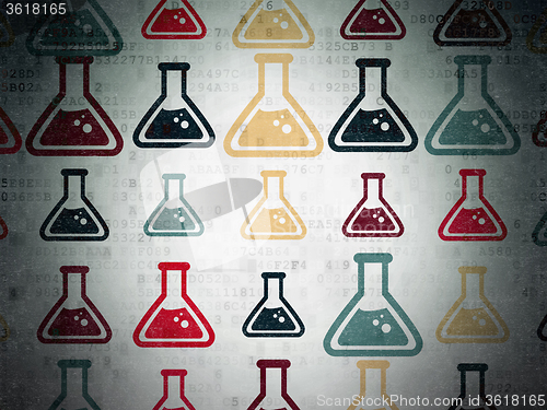 Image of Science concept: Flask icons on Digital Paper background