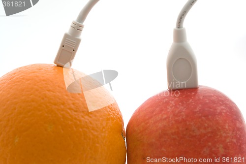 Image of The orange and apple are connected through a cable 3