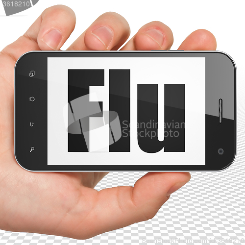 Image of Medicine concept: Hand Holding Smartphone with Flu on display
