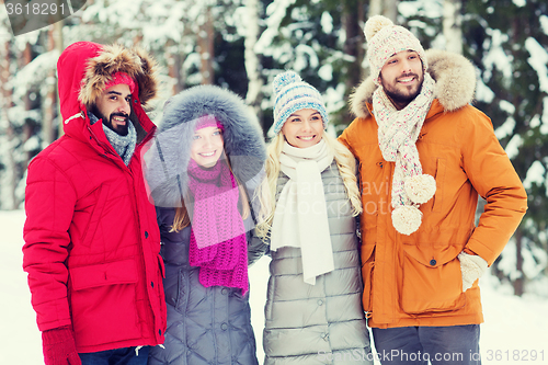 Image of group of smiling men and women in winter forest