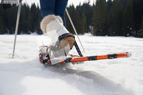 Image of couple having fun and walking in snow shoes