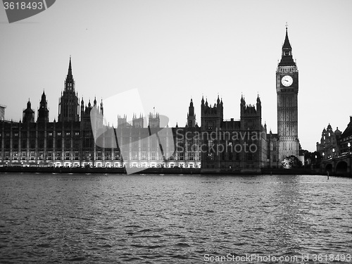 Image of Black and white Houses of Parliament in London