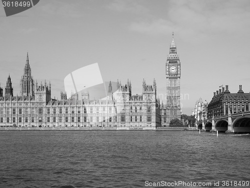 Image of Black and white Houses of Parliament in London