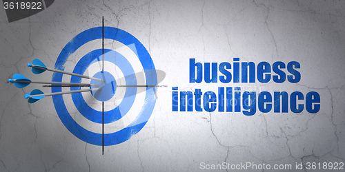 Image of Finance concept: target and Business Intelligence on wall background