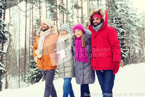 Image of group of smiling men and women in winter forest