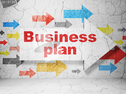 Image of Business concept: arrow with Business Plan on grunge wall background