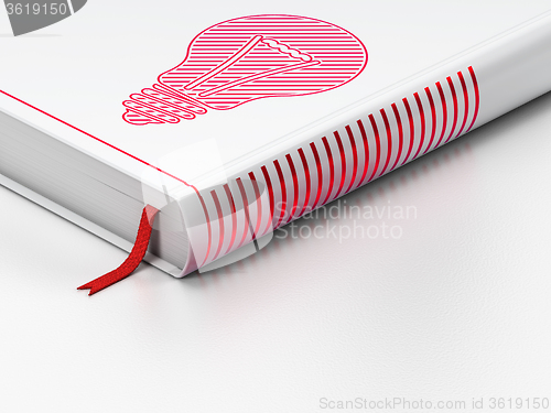 Image of Business concept: closed book, Light Bulb on white background