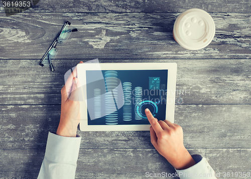 Image of close up of hands with tablet pc and bitcoin