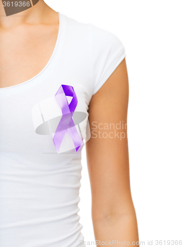 Image of close up of woman with purple awareness ribbon