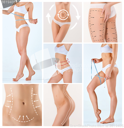 Image of Collage of female body with the drawing arrows