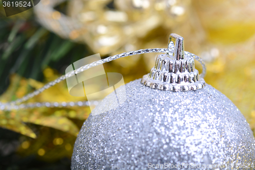 Image of Christmas background with baubles and beauty bokeh, new year concept, close up