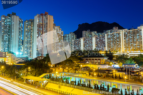 Image of Cityscape in Hong Kong with lion rock mountain