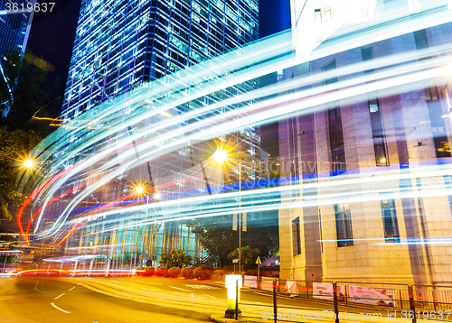 Image of Car light trails and urban landscape in Hong Kong