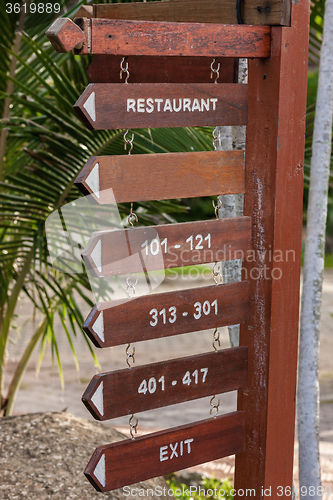 Image of signboard on the beach at hotel, Koh Samui, Thailand