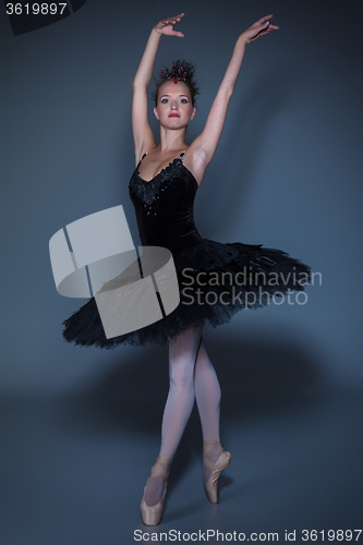 Image of Portrait of the ballerina in ballet tatu on blue background