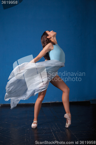 Image of young modern ballet dancer posing on blue background