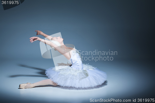 Image of Portrait of the ballerina in ballet tatu on blue background