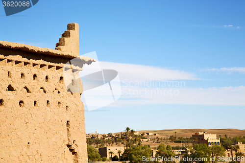 Image of brown old  construction in  africa morocco and palm tree