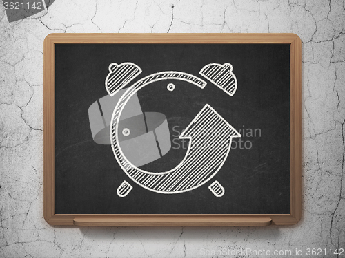 Image of Timeline concept: Alarm Clock on chalkboard background