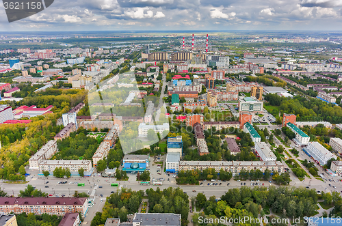 Image of Aerial view with office and residential buildings