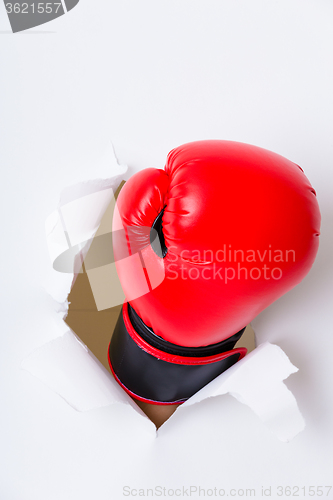 Image of Boxing glove through a hole in paper