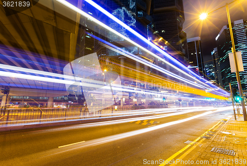 Image of Car light trails and urban landscape in Hong Kong