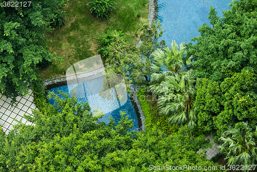 Image of Bird view of the park and water fountain